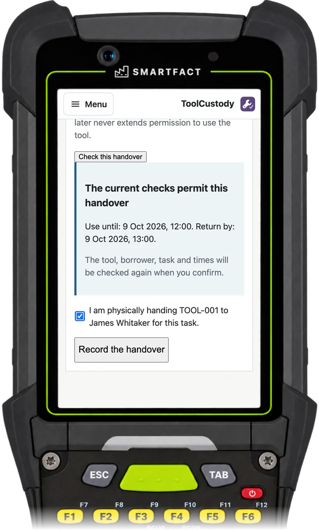 ToolCustody station showing that the current checks permit a handover, with the operator's confirmation ticked for TOOL-001 to James Whitaker and a Record the handover button