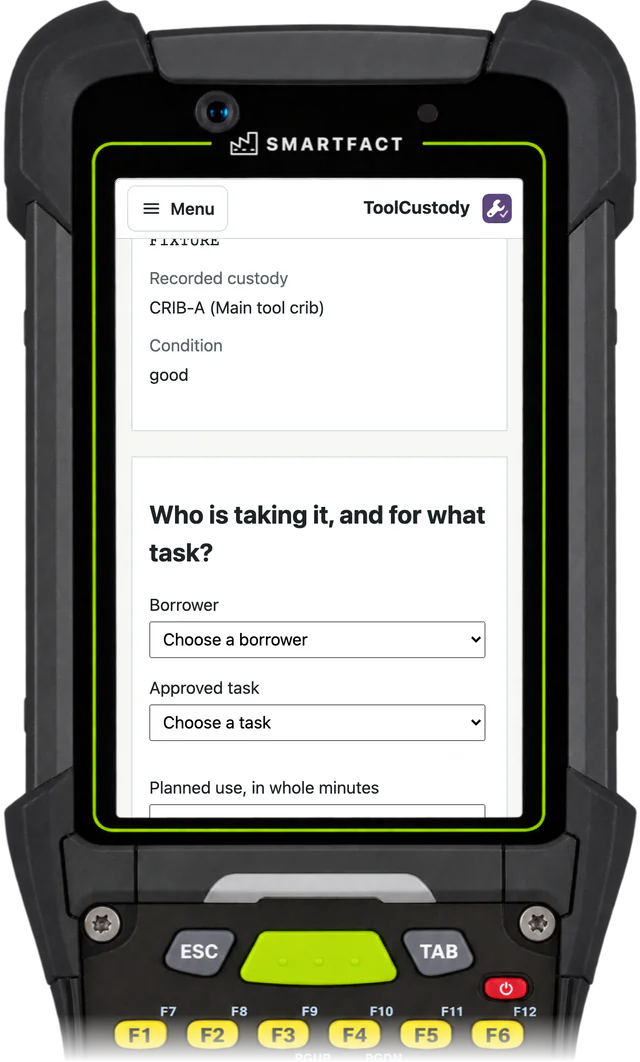ToolCustody station after a tool scan, showing its recorded custody and condition and asking who is taking it and for what task