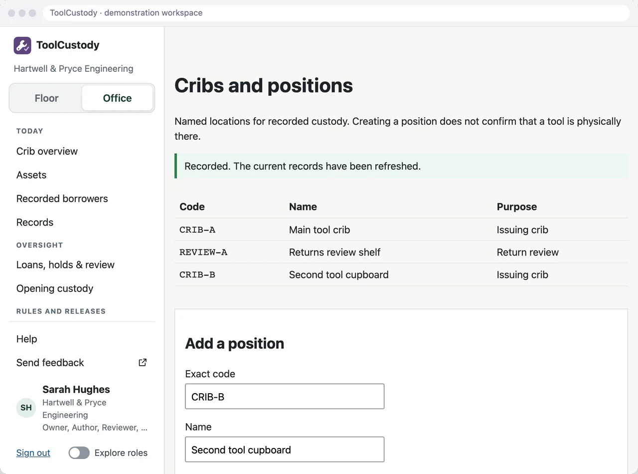ToolCustody cribs and positions page listing two issuing cribs and a returns review shelf, each with an exact code, after a new position is saved